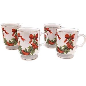 4pc LEFTON Red Cardinal Holly Berry Coffee Tea Mugs Cups Gold Trim Collector VNT